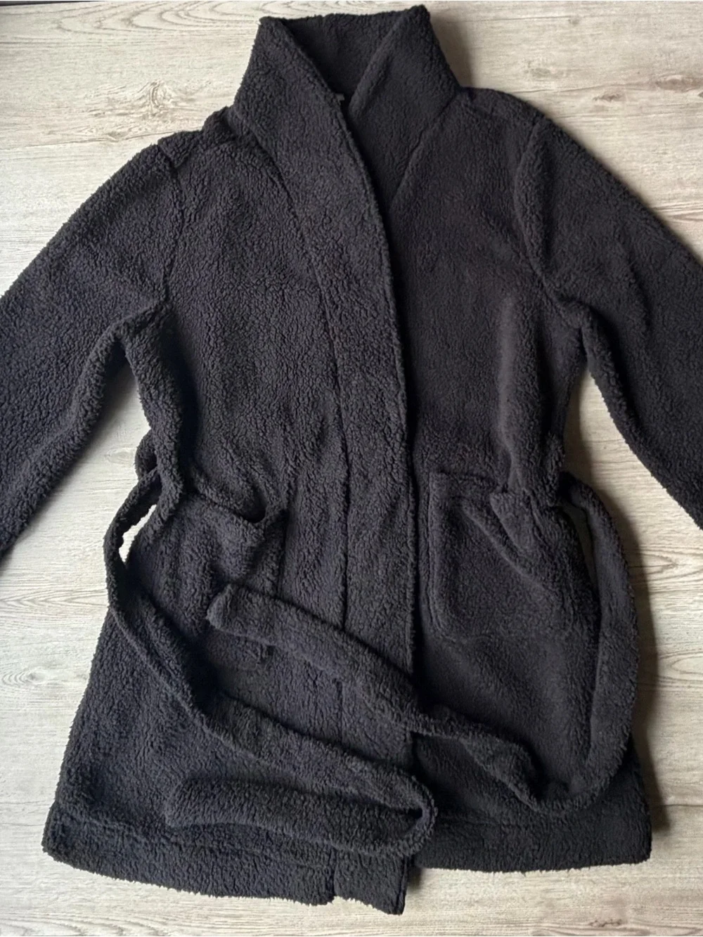 Black Plush Fleece Robe L/XL Belted Shawl Collar Cozy Sleepwear NWT